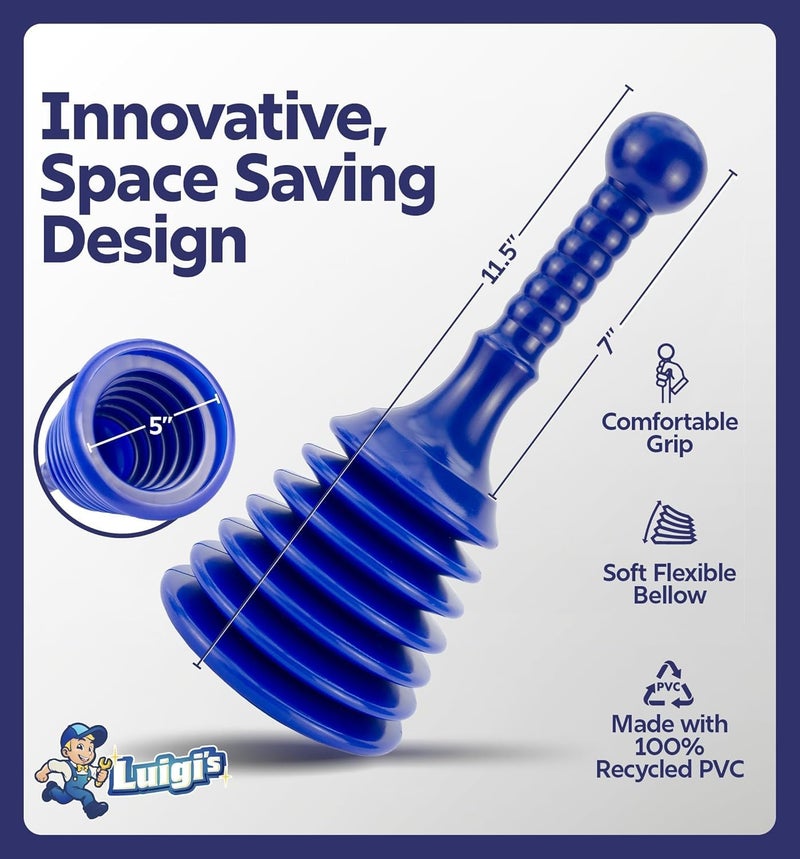 Luigi's Sink Plunger Kitchen - Sink Plunger Bathroom - Drain Bathtub or Shower - Small and Powerful Clog Remover - Commercial Style "Plumbers Plungers" with Large Bellows - Blue - Small - Image 4