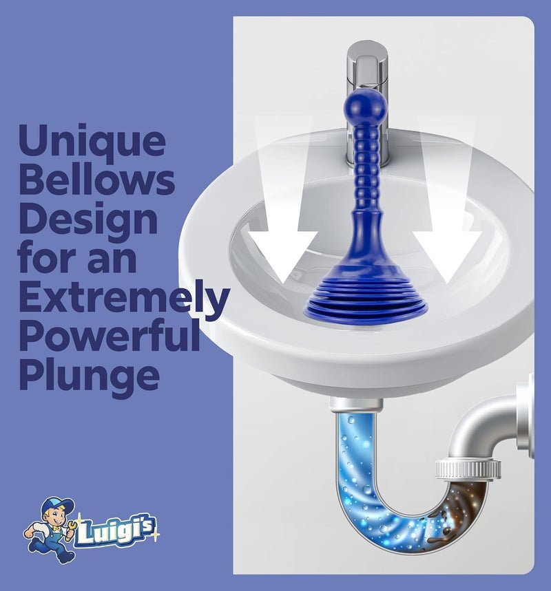 Luigi's Sink Plunger Kitchen - Sink Plunger Bathroom - Drain Bathtub or Shower - Small and Powerful Clog Remover - Commercial Style "Plumbers Plungers" with Large Bellows - Blue - Small - Image 3