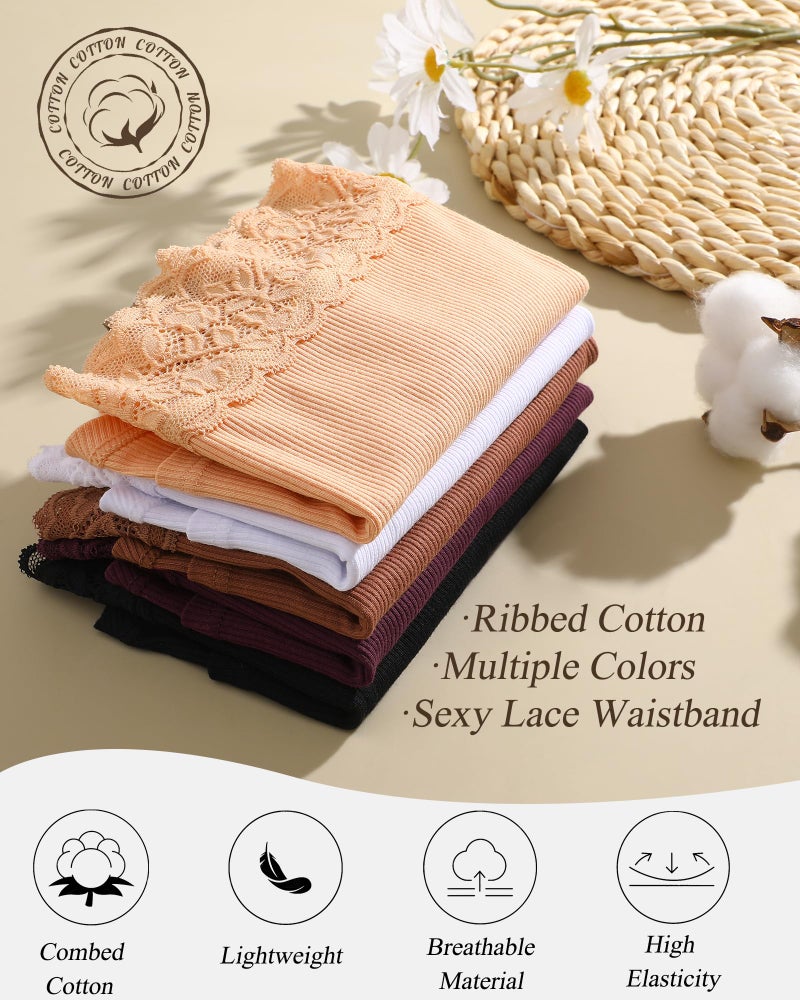 FINETOO Cotton Underwear for Women Boy Shorts Lace Boxer Briefs Soft Full Coverage Womens Panties 5 Pack S-XXL Brown - Image 4