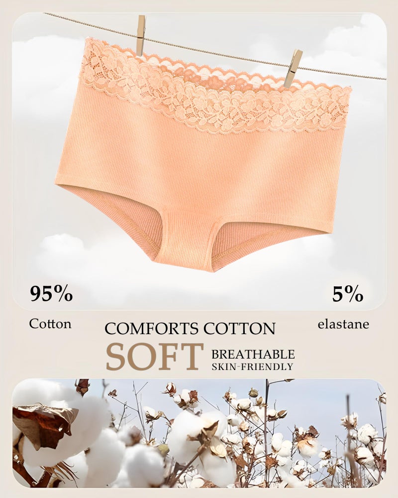 FINETOO Cotton Underwear for Women Boy Shorts Lace Boxer Briefs Soft Full Coverage Womens Panties 5 Pack S-XXL Brown - Image 3
