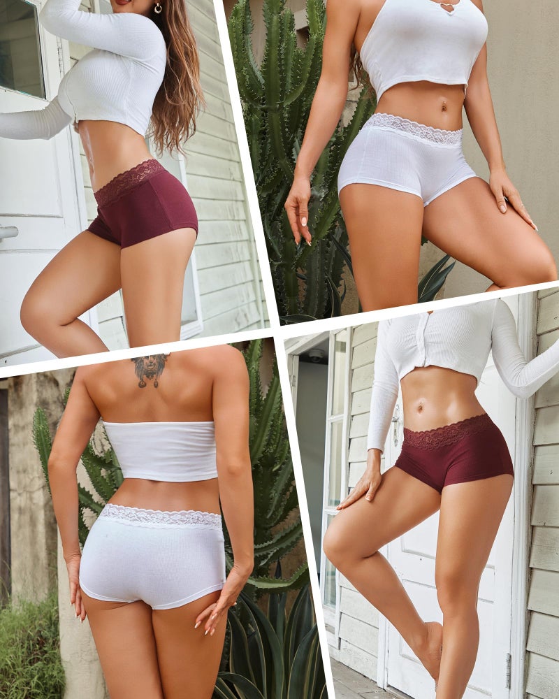 FINETOO Cotton Underwear for Women Boy Shorts Lace Boxer Briefs Soft Full Coverage Womens Panties 5 Pack S-XXL Brown - Image 2