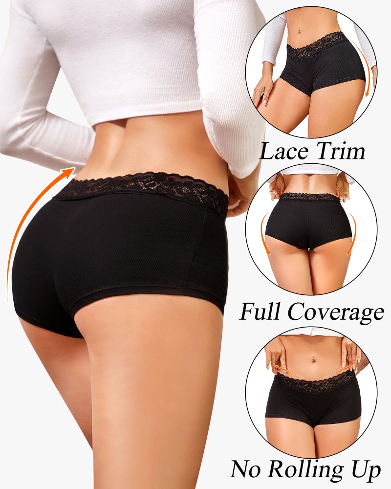 FINETOO Cotton Underwear for Women Boy Shorts Lace Boxer Briefs Soft Full Coverage Womens Panties 5 Pack S-XXL Brown - Image 5