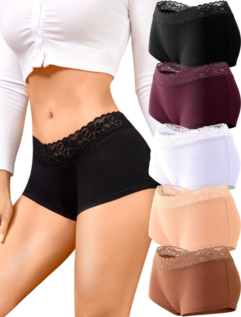 FINETOO Cotton Underwear for Women Boy Shorts Lace Boxer Briefs Soft Full Coverage Womens Panties 5 Pack S-XXL Brown - Image 1