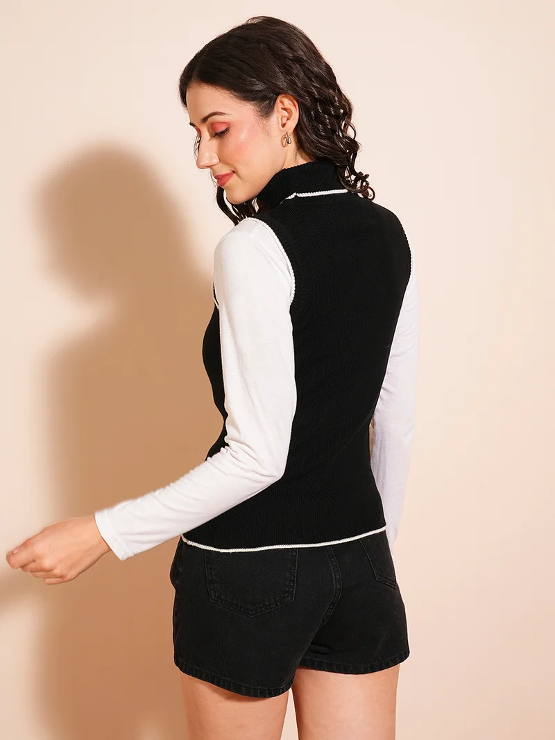 globus Women Turtle Neck Ribbed Vest Style Sweater