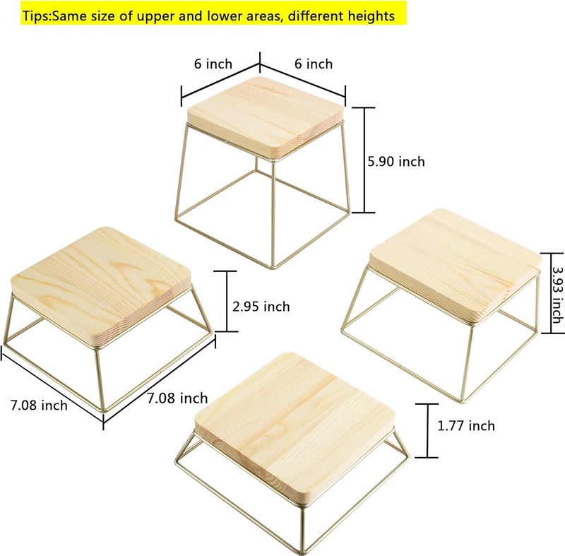 YFEEN Dessert Table Risers Display Stands Food display Wood Metal Square Retail Pizza,Cupcake,Candy Stands Food Platter Tray,6x6 INCH,Set of 4 (Gold) - Image 2