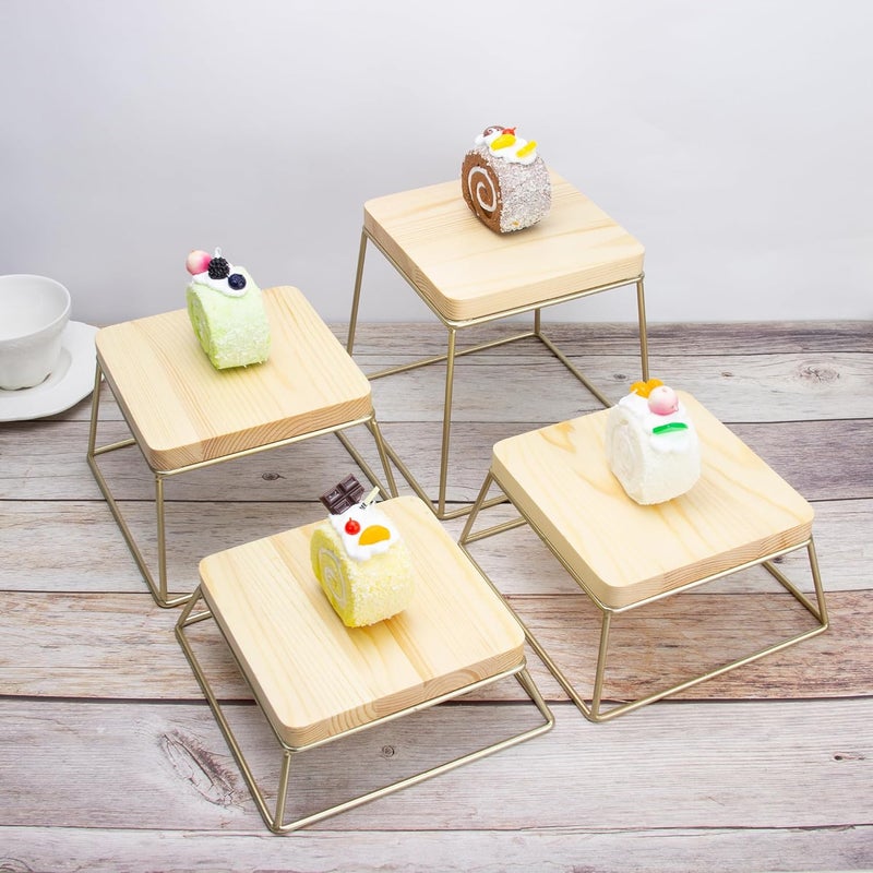 YFEEN Dessert Table Risers Display Stands Food display Wood Metal Square Retail Pizza,Cupcake,Candy Stands Food Platter Tray,6x6 INCH,Set of 4 (Gold) - Image 3