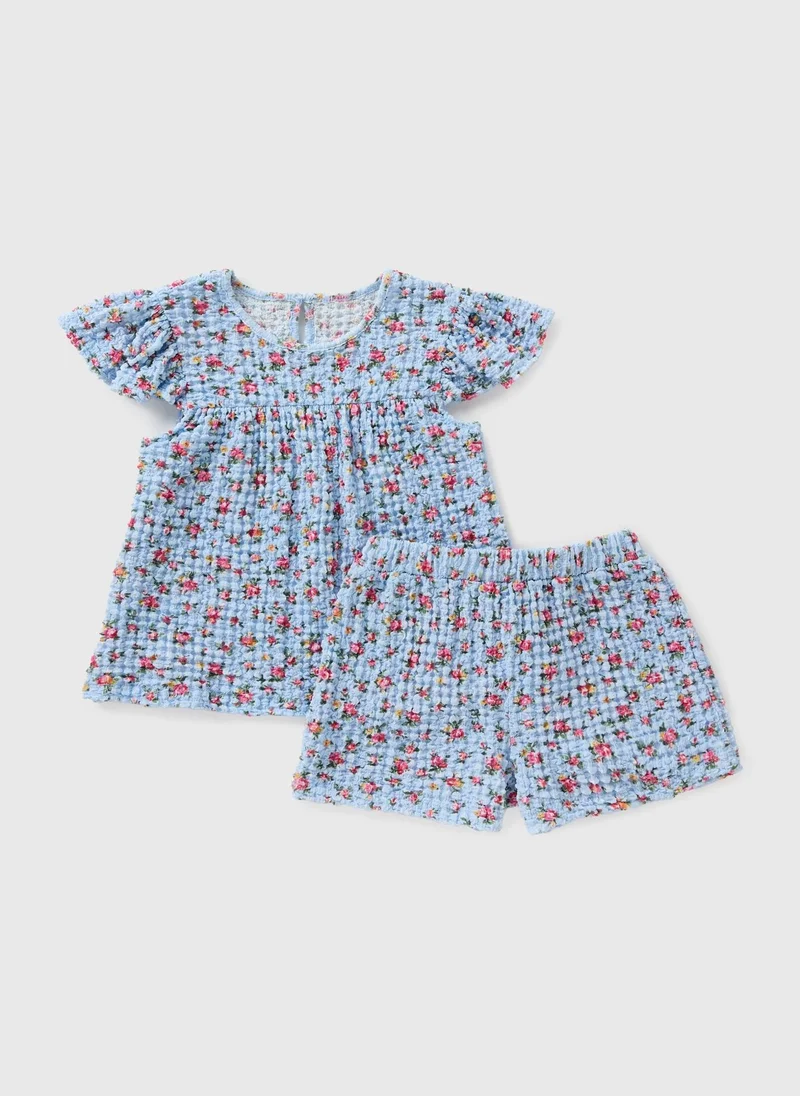 Matalan Girls Blue Floral Crinkle Top & Shorts Set