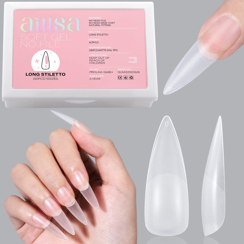 AILLSA Long Stiletto Nail Tips - Upgraded Matte Gel Full Cover Nails Tips No Filed, 240Pcs Pre-shaped Gelly Tips Acrylic Clear False Press On Soft Nail Tip for Soak Off Nail Extension 10 Sizes - Image 1