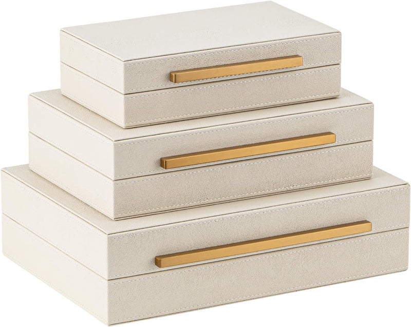 XIGEXIGE Faux Leather Large Modern Stackable Nesting Jewelry Box with Lids Organizer – Set of 3 Beige Shagreen Decorative Storage Boxes with Gold Metal Handles - Image 1