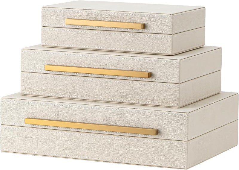 XIGEXIGE Faux Leather Large Modern Stackable Nesting Jewelry Box with Lids Organizer – Set of 3 Beige Shagreen Decorative Storage Boxes with Gold Metal Handles - Image 2