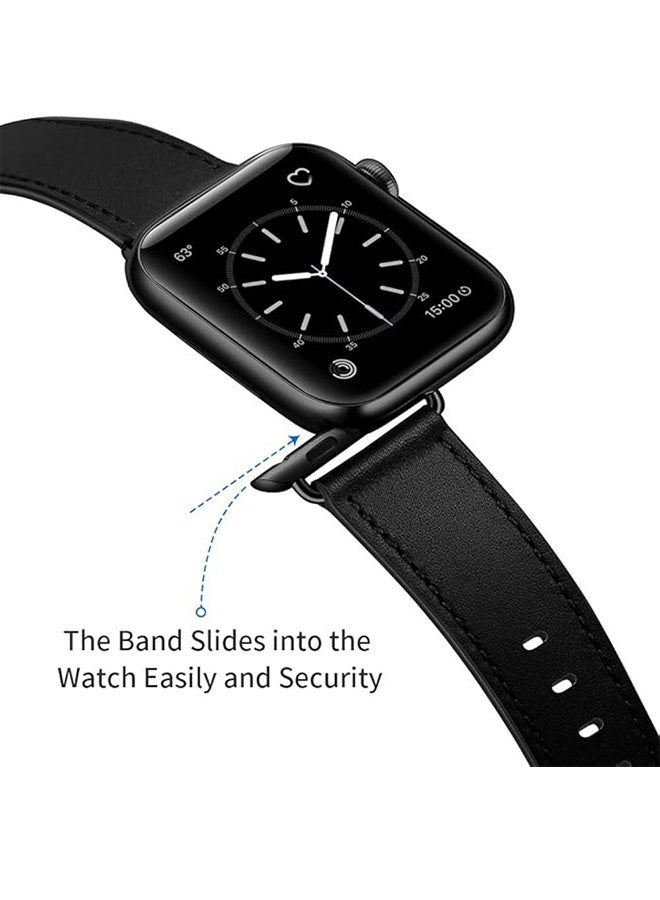 Charlam Compatible Apple Watch Band 49mm/46mm/45mm/44mm/42mm, Genuine Leather Watch Band Replacement Band Compatible with Apple Watch Ultra 2/1 Series 10/9/8/7/6/5/4/3/2/1/SE, Black/Black Ack - Image 4