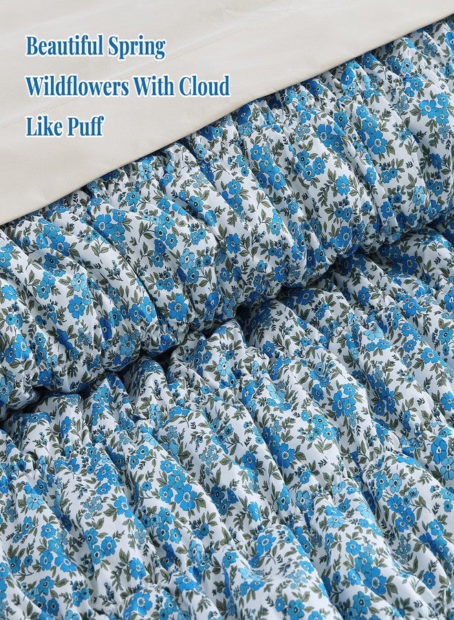 BLOOMHAVEN Full Comforter Set - 7 Pieces Blue Classic Puff Floral Bedding Sets for All Seasons, Shabby Chic Farmhouse Bed in a Bag Full with Wildflowers Fluffy Comforter, Sheets, Pillowcases & Shams - Image 2