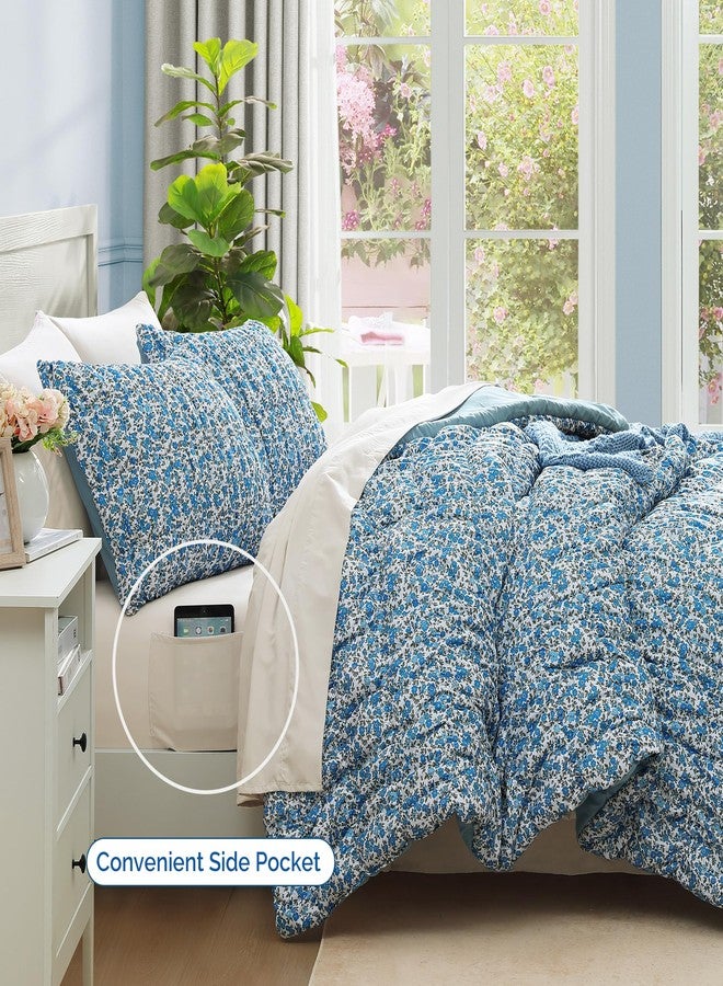 BLOOMHAVEN Full Comforter Set - 7 Pieces Blue Classic Puff Floral Bedding Sets for All Seasons, Shabby Chic Farmhouse Bed in a Bag Full with Wildflowers Fluffy Comforter, Sheets, Pillowcases & Shams - Image 3