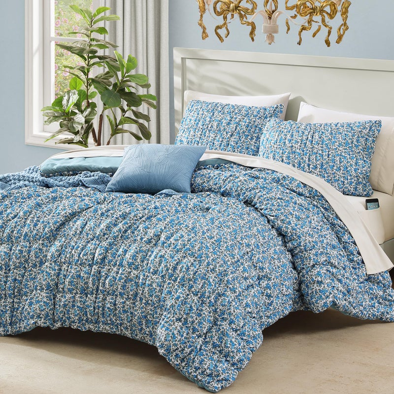 BLOOMHAVEN Full Comforter Set - 7 Pieces Blue Classic Puff Floral Bedding Sets for All Seasons, Shabby Chic Farmhouse Bed in a Bag Full with Wildflowers Fluffy Comforter, Sheets, Pillowcases & Shams - Image 1