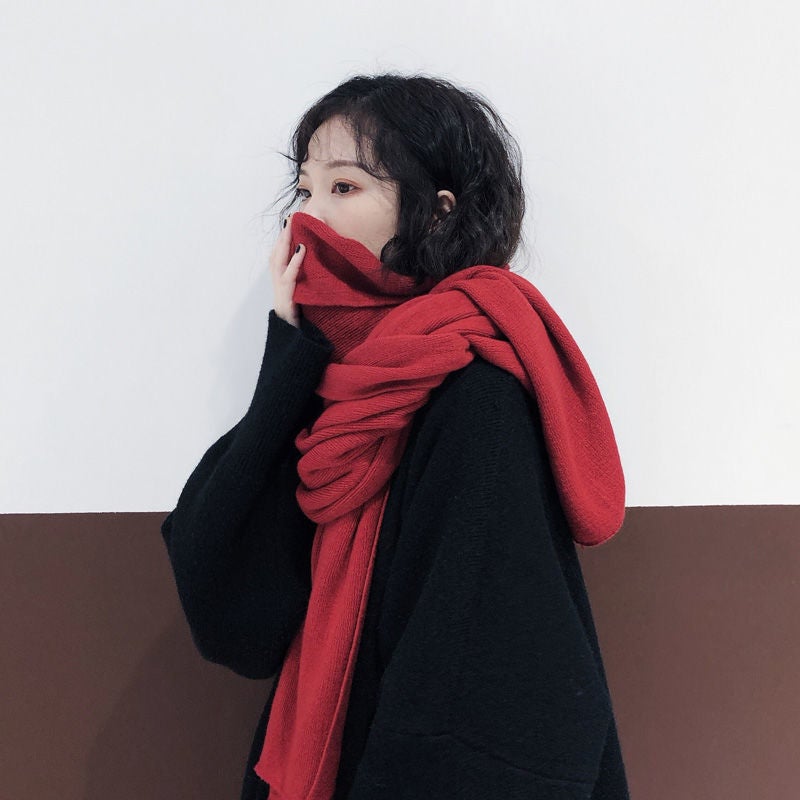 Korean Style Solid Color Knitted Wool Cyber Red Scarf Women's Autumn and Winter Thickened Warm Student Scarf Men's All-match Fashionable Shawl - Image 4