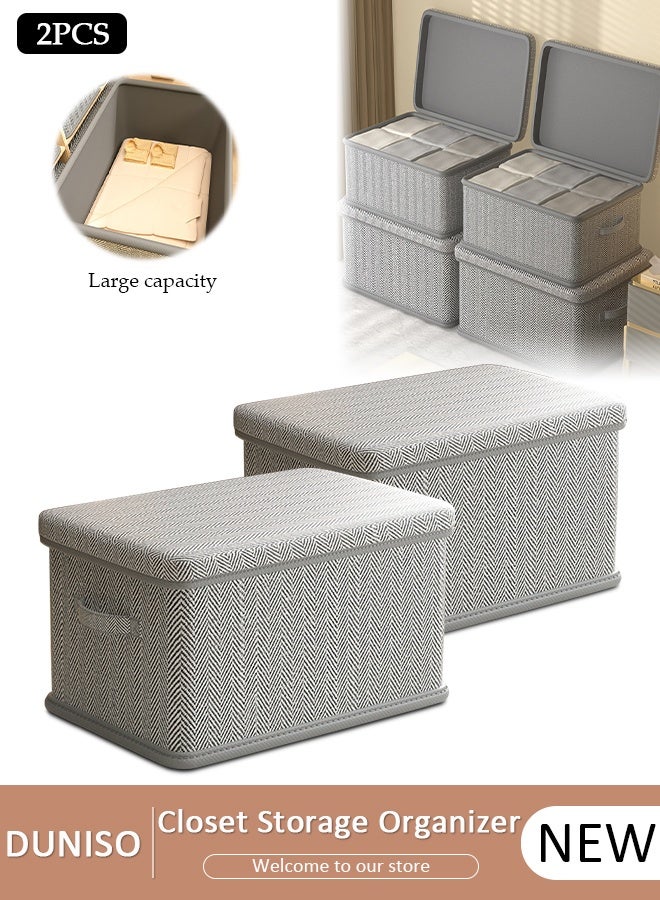 2pcs Foldable Closet Storage Organizer with lid,Wardrobe Clothes Organizer For Clothing, Sheets, Toys, Books,Washable Closet Storage Boxes with Carrying Handles Cube Stackable Storage Bin for Home Bedroom Office