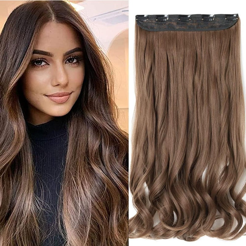 24 Inch One Piece 5 Clips Matte Material Hair Extension Curly Wavy Clip In Hairpiece Synthetic For Women Beauty Light Brown