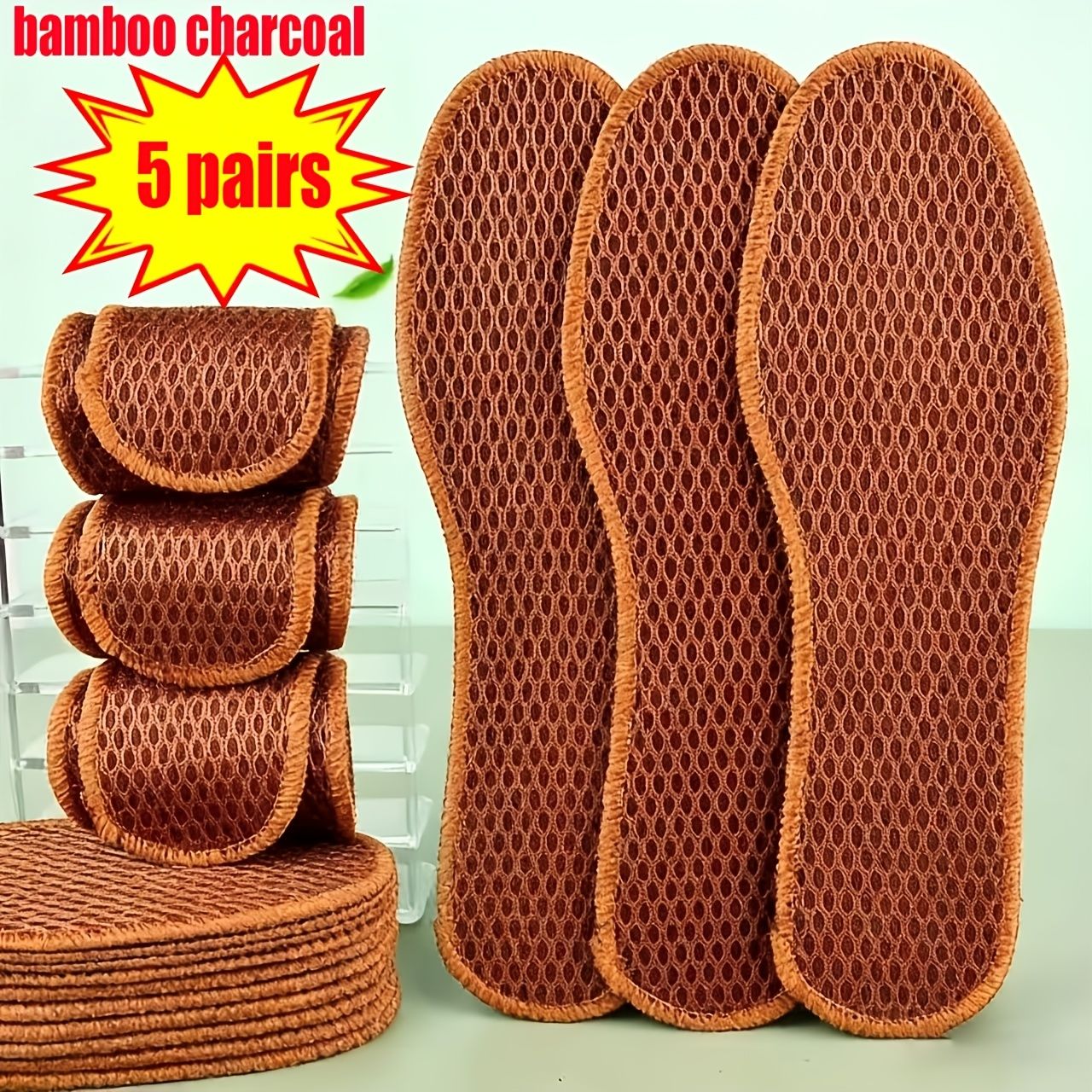 5 Pairs Unisex Breathable Mesh Insoles Size 41 25.5cm Summer Thin Sweat Absorbing Deodorant Bamboo Charcoal Soft Bottom Non Slip Wear Resistant Foot Pads For Daily Wear