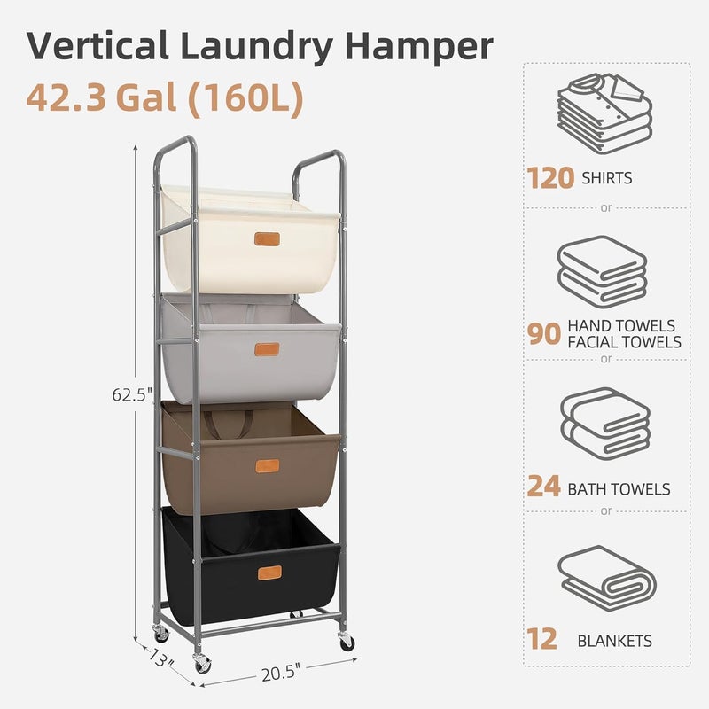 STORAGE MANIAC Vertical Rolling Laundry Hamper, 4 Section Laundry Sorter with Wheels and 2 Breaks, 4-tier Laundry Baskets for Small Space, Dorm, Laundry Room, Closet, Multicolored 4-tier - Image 3