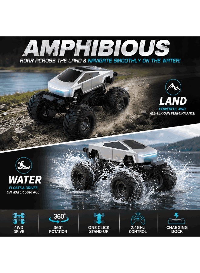 فيشينجدا سيارة مونستر RC برمائية 4WD بمقياس 1:16 للأطفال، سيارة تحكم عن بعد مقاومة للماء لجميع التضاريس، تحكم 2.4GHz حتى 45 متر، دوران 360 درجة ووقوف بضغطة واحدة، وضع سرعة عالية، أضواء LED، محطة شحن وشحن Type-C، فضي تقني، هدية للأولاد والبنات عمر 8+ - Image 2