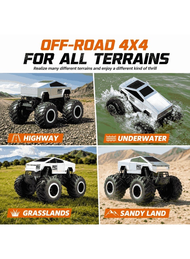 فيشينجدا سيارة مونستر RC برمائية 4WD بمقياس 1:16 للأطفال، سيارة تحكم عن بعد مقاومة للماء لجميع التضاريس، تحكم 2.4GHz حتى 45 متر، دوران 360 درجة ووقوف بضغطة واحدة، وضع سرعة عالية، أضواء LED، محطة شحن وشحن Type-C، فضي تقني، هدية للأولاد والبنات عمر 8+ - Image 4
