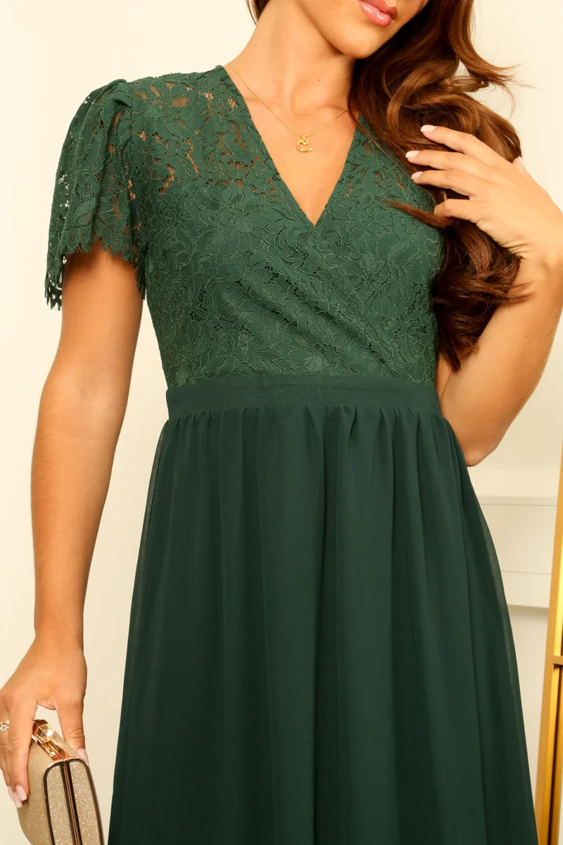 Double Second dark green Lace Wrap Front Midi Dress for Women | Best Price UAE