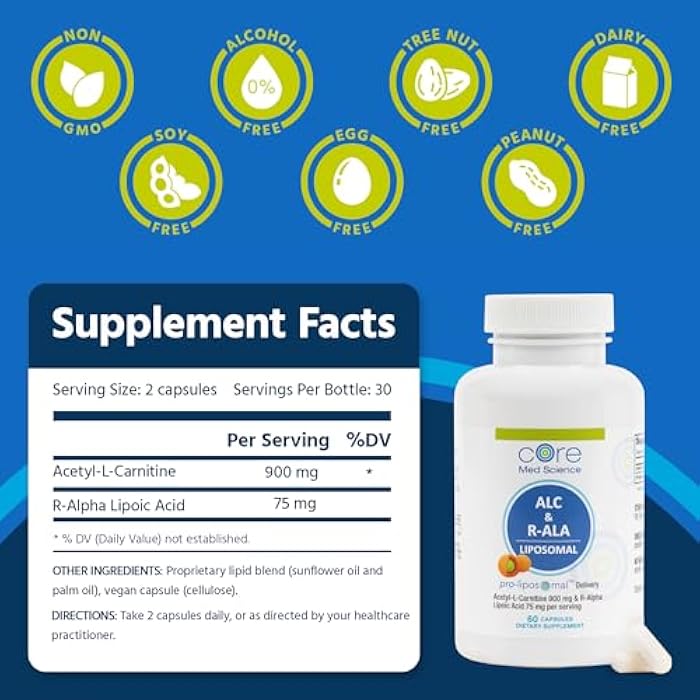 Core Med Science Liposomal ALC & R-ALA Supplement Capsules - Acetyl-L-Carnitine (900mg) & R-Alpha Lipoic Acid (75mg) - Promotes Energy & Focus - Supports Mental Function & Memory Cognition (60 Count) - Image 3