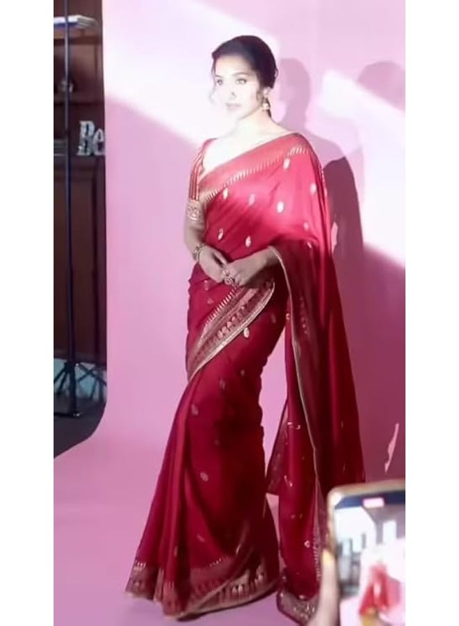Sidhidata ساري حريري ناعم من قماش الجاكار البناراسي من تصميم شرادها كابور، مزين بحواف من الدانتيل، مع قطعة بلوزة غير مخيطة (مقاس حر). - Image 2