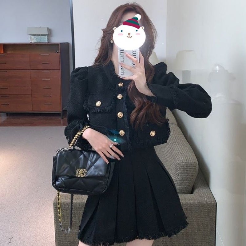 2024 Spring and Autumn New Style Small Fragrance Suit Skirt Womens Korean Style Gentle Style Pleated Skirt Temperament Light Luxury Velvet Jacket Black top + skirt (two-piece temperament)