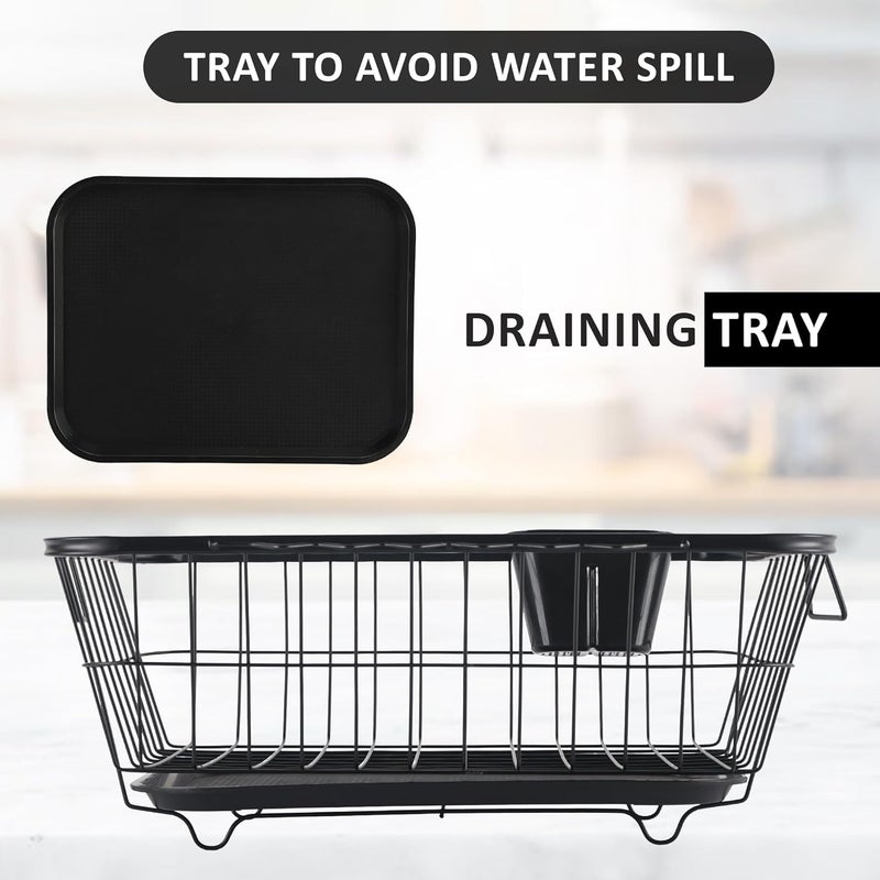 Kuber Industries Stainless Steel Dish Drying Rack For Kitchen With Water Strainer Tray | Vessel Drainer Basket & Bartan Stand/Tokra With Handles | Black - Image 5