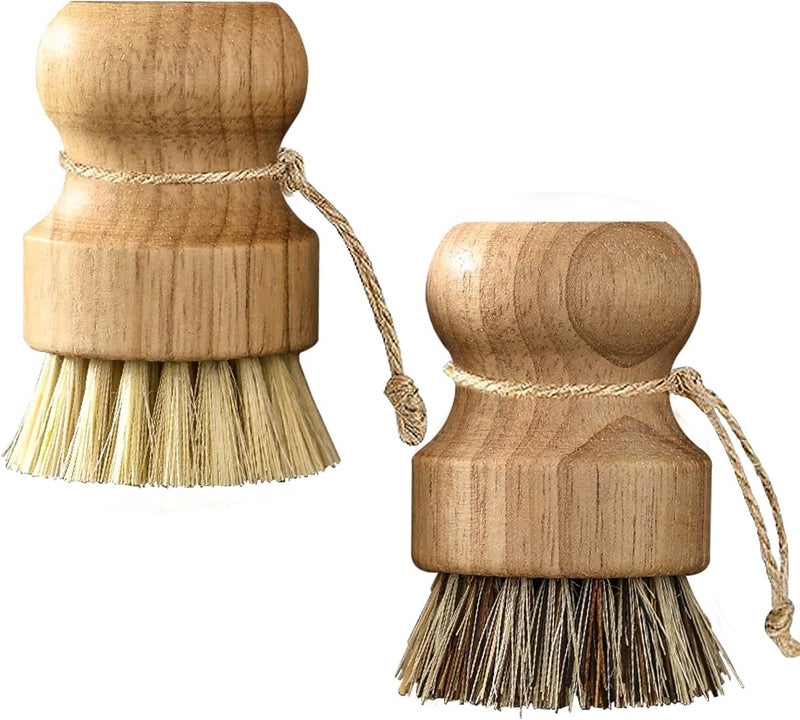 Bamboo Dish Scrub Brushes, Kitchen Wooden Cleaning Scrubbers for Washing Cast Iron Pan/Pot, Natural Sisal +Coconut and Wood Handle, Set of 2 - Image 1