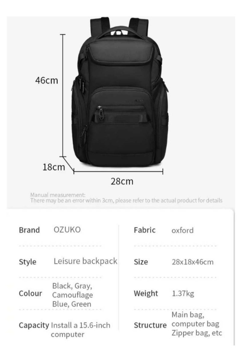 OZUKO 9799 Travel Laptop Backpack – USB Port, Water-Resistant, Grey - Image 5