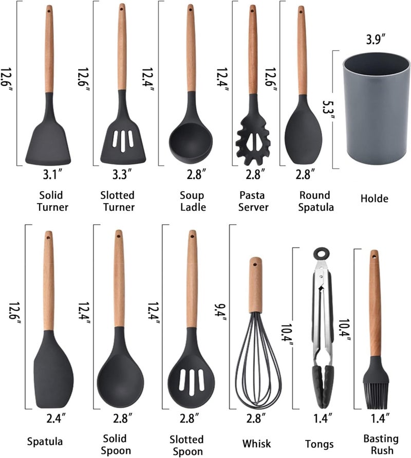 Sakoraware Silicone Kitchen Utensils Spoon Spatula Cooking 12 Pcs Set Baking Set NonStick with Wooden Handle BPA Free Heat Resistant Item Flexible Non Toxic Silicon Cookware Tools with Holder - Image 3