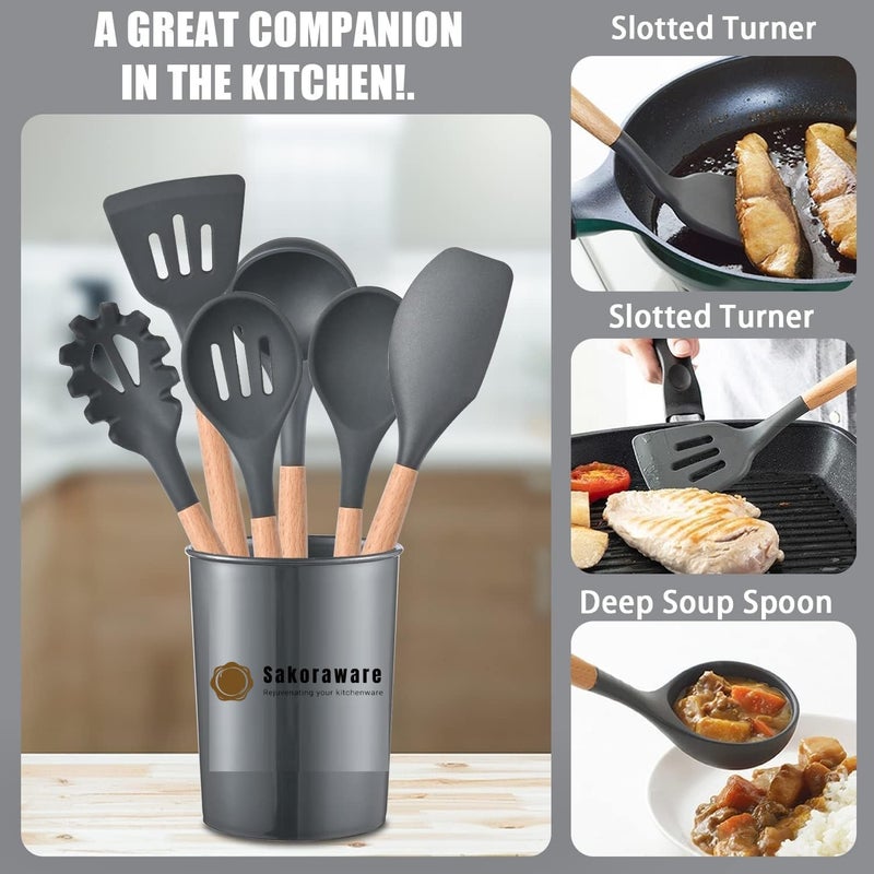Sakoraware Silicone Kitchen Utensils Spoon Spatula Cooking 12 Pcs Set Baking Set NonStick with Wooden Handle BPA Free Heat Resistant Item Flexible Non Toxic Silicon Cookware Tools with Holder - Image 2
