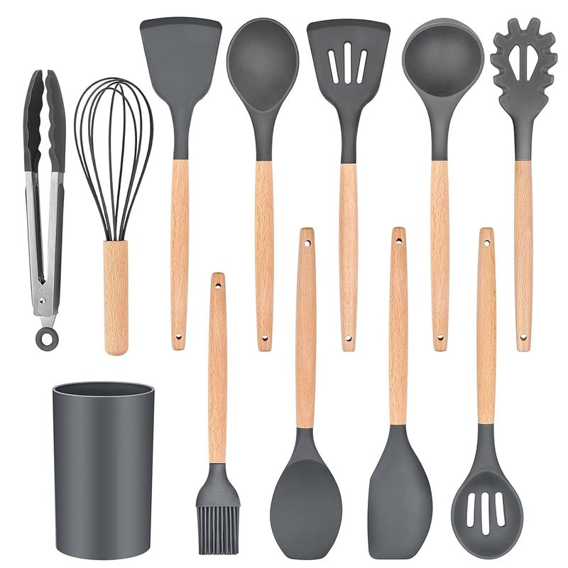 Sakoraware Silicone Kitchen Utensils Spoon Spatula Cooking 12 Pcs Set Baking Set NonStick with Wooden Handle BPA Free Heat Resistant Item Flexible Non Toxic Silicon Cookware Tools with Holder - Image 1
