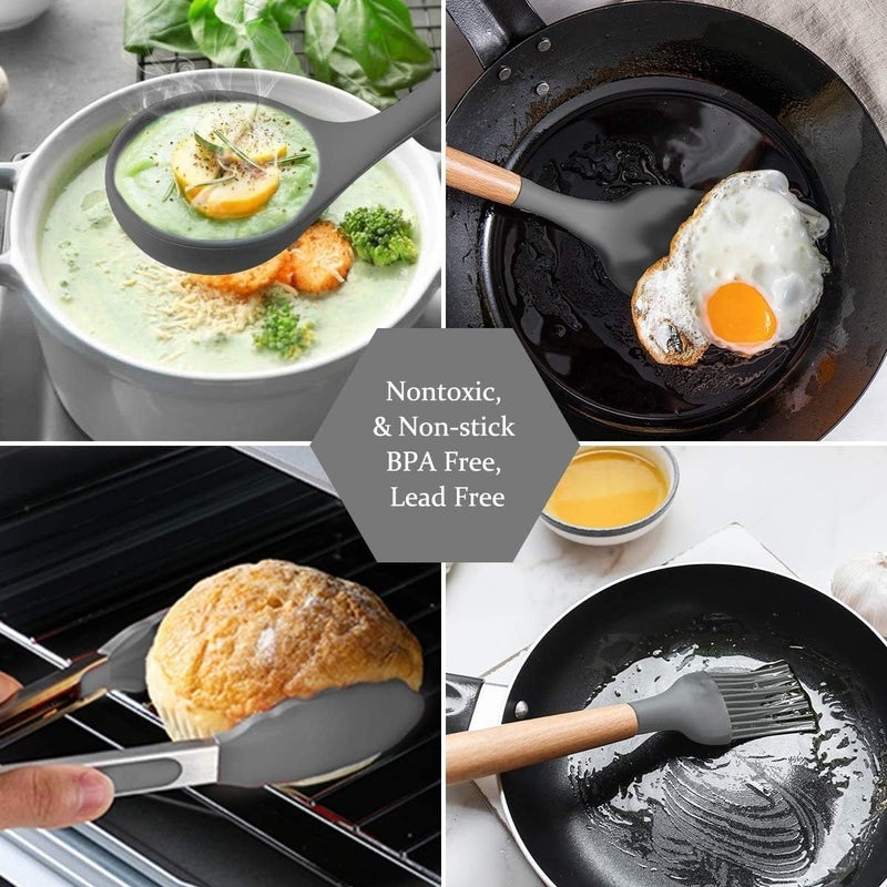 Sakoraware Silicone Kitchen Utensils Spoon Spatula Cooking 12 Pcs Set Baking Set NonStick with Wooden Handle BPA Free Heat Resistant Item Flexible Non Toxic Silicon Cookware Tools with Holder - Image 4