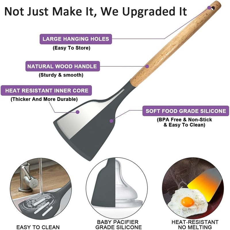 Sakoraware Silicone Kitchen Utensils Spoon Spatula Cooking 12 Pcs Set Baking Set NonStick with Wooden Handle BPA Free Heat Resistant Item Flexible Non Toxic Silicon Cookware Tools with Holder - Image 5