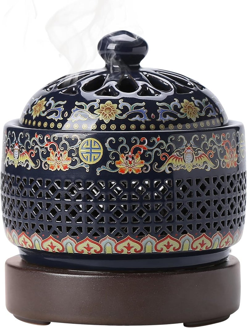 ISSNW Ceramic Holder Electric Incense Burner Enamel Built-in LED Lights Simulate Flames, Classical, Elegant and High-end Hollow Design - Image 1
