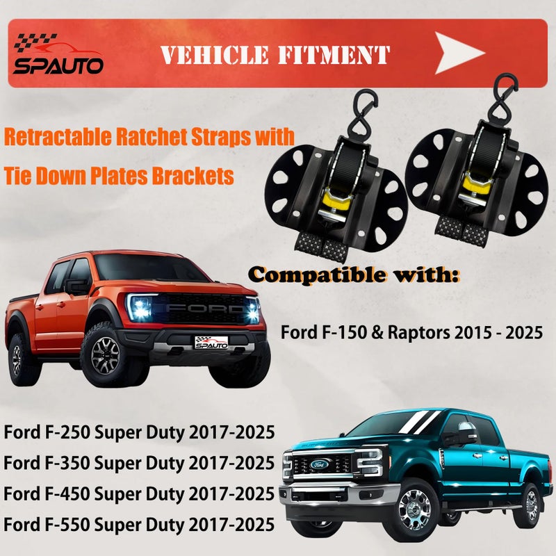 SPAUTO Retractable Ratchet Straps Compatible with 2015-2026 Ford F150, 2PCS Self Retracting Ratchet Straps Tie Down Anchors Box Link Cleats for F250/F350/F450/F550 Super Duty Truck Bed Accessories - Image 4