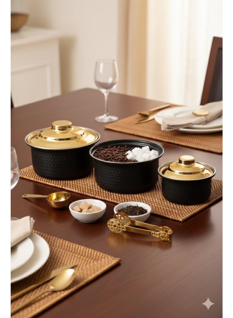 طقم حلل صغيرة ستانلس ستيل – 3 قطع – تصميم مطروق بغطاء ذهبي - Image 3