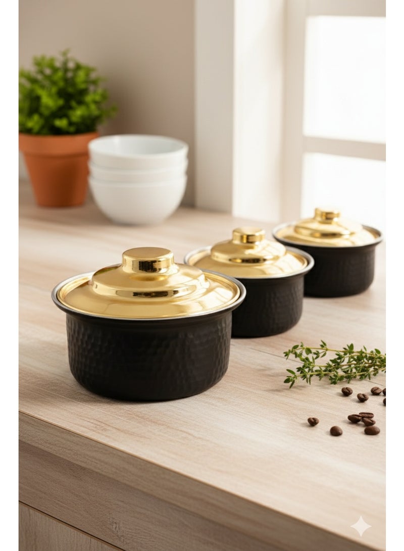 طقم حلل صغيرة ستانلس ستيل – 3 قطع – تصميم مطروق بغطاء ذهبي - Image 5