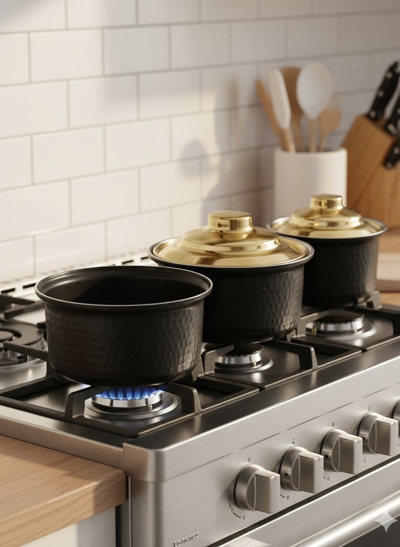 طقم حلل صغيرة ستانلس ستيل – 3 قطع – تصميم مطروق بغطاء ذهبي - Image 2