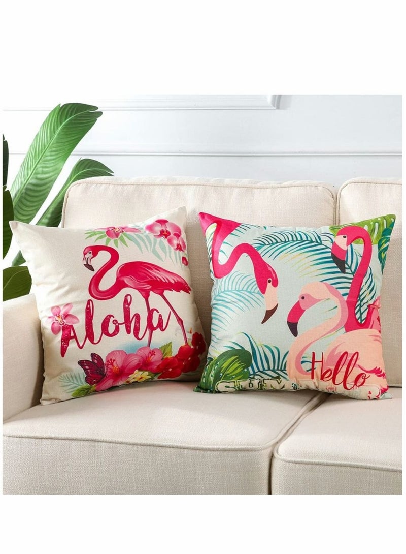 Captaintech Throw Pillow Covers Set of 4 Flamingo Pattern Tropical Flower Leaves Cotton Linen Cushion Pillow Cases Covers for Bed Chair Couch Sofa Bedroom Living Room Home Decor (18*18 inch, 4 Kinds of Patterns) - Image 2