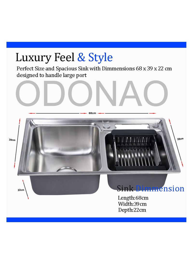 ODONAO Premium Stainless-Steel Chrome Kitchen Sink Double Bowl with Utensil Holder 68x39x22 cm - Image 1