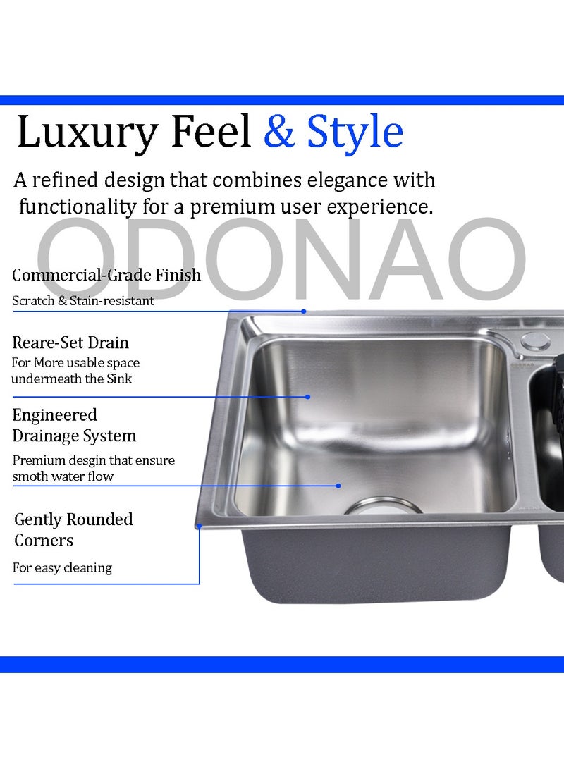 ODONAO Premium Stainless-Steel Chrome Kitchen Sink Double Bowl with Utensil Holder 68x39x22 cm - Image 2