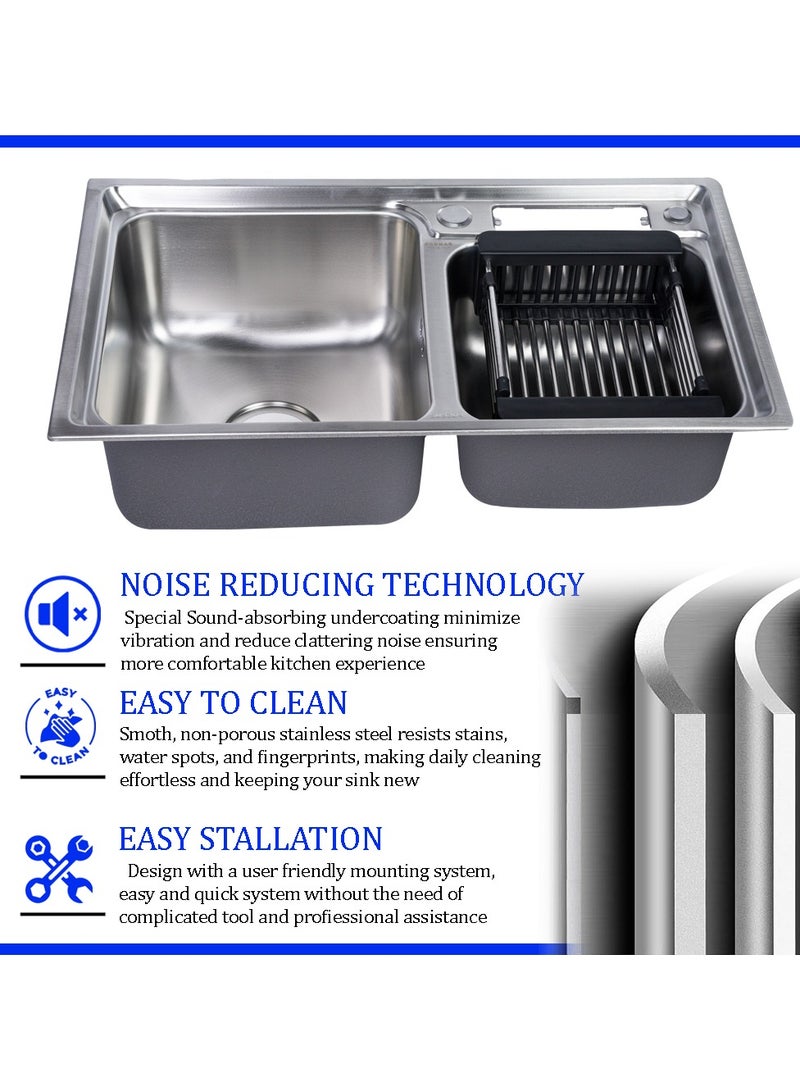 ODONAO Premium Stainless-Steel Chrome Kitchen Sink Double Bowl with Utensil Holder 68x39x22 cm - Image 3