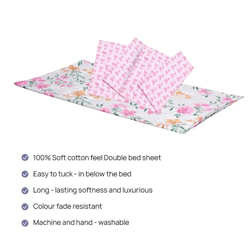 SKYLA Cotton Bedsheet for Double Size Bed | 186 TC | Floral Pink | Printed | 1 Piece with 2 Pillow Covers (228 x 254 cm) Perfect for Home Decor & Gifting - Image 2