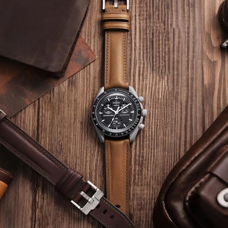 Getalia Italian Full grain vegetable tanned leather watch Bands Curved Strap,Compatible with Omega X Swatch Moonswatch Speedmaster/Rolex/SEIKO/Swatch Watch straps Men Women (Black-widthï¼š20mm) - Image 3