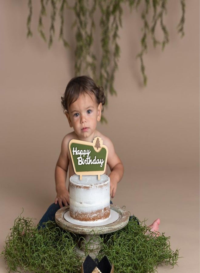 MUWEOL غطاء كعكة خشبي من MUWEOL Happy Camper - غطاء كعكة عيد ميلاد سعيد، ديكور حفلات عيد ميلاد التخييم، أغطية كعكة الغابة للأولاد (غطاء ميلاد المخيم) - Image 4