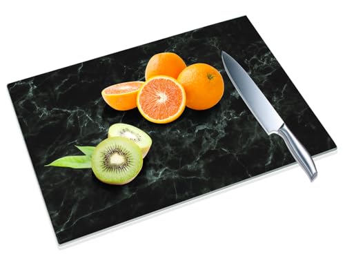JAMBALAY Tempered Glass Cutting Board for Kitchen, 16"x12" Black Marble Glass Cutting Board with Design, Glass Chopping Board with Non Slip Feet, Heat & Shatter Resistant, Dishwasher Safe - Image 1